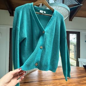 Roxy Teal V-Neck Button Cardigan Sweater
